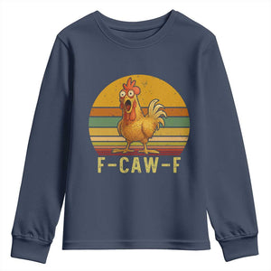 F Caw F Retro Chicken Meme Youth Sweatshirt Vintage Sunset Poultry Graphic Loud Bird Energy TS02 Navy Print Your Wear