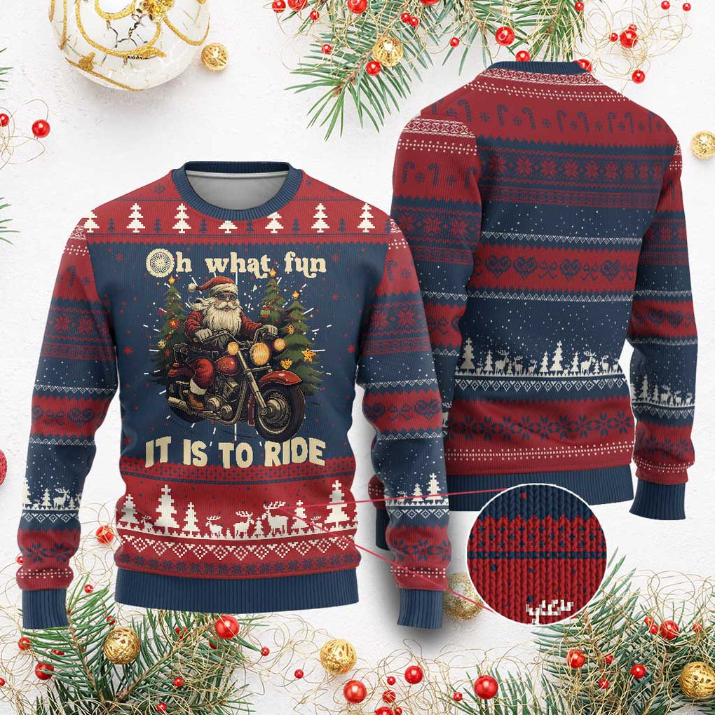 Biker Santa Claus Ugly Christmas Sweater Oh What Fun It Is To Ride Motorcycle Xmas Tree TS02 Burgundy Print Your Wear