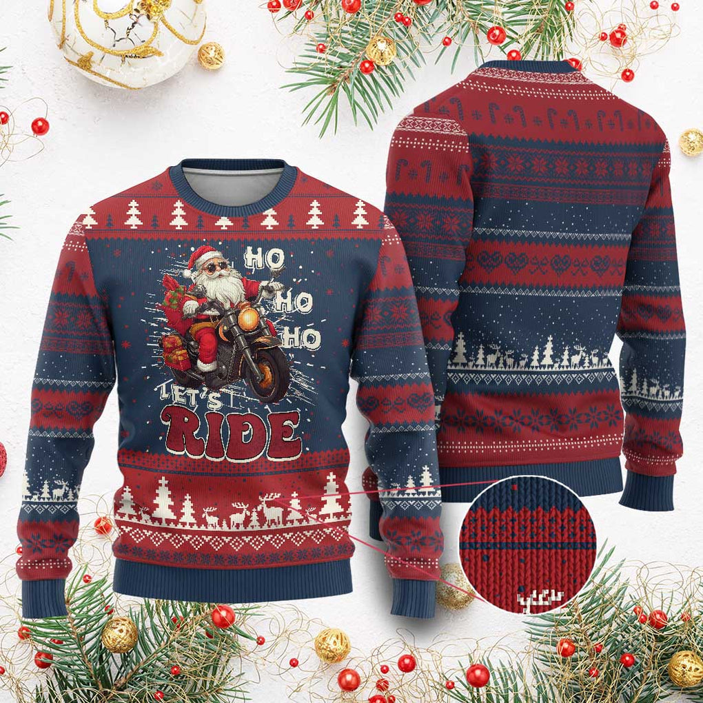 Biker Santa Claus Ugly Christmas Sweater Ho Ho Ho Let's Ride Xmas TS02 Burgundy Print Your Wear