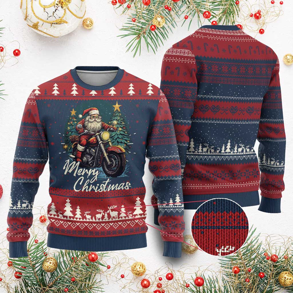 Biker Santa Claus Ugly Christmas Sweater Merry Xmas Riding Motorcycle TS02 Burgundy Print Your Wear