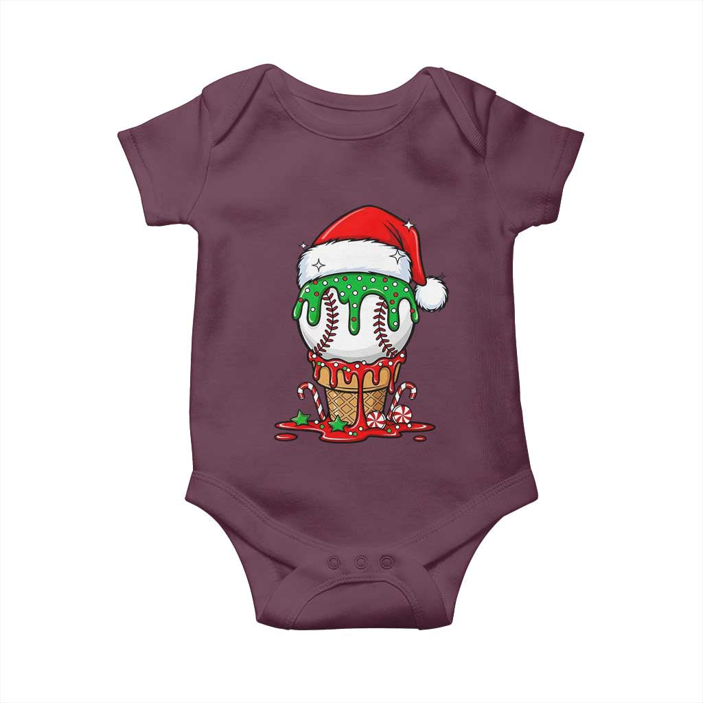 Cute Baseball Christmas Icecream Dripping Baby Onesie Holiday Ice Cream Cone with Santa Hat TS02 Maroon Print Your Wear