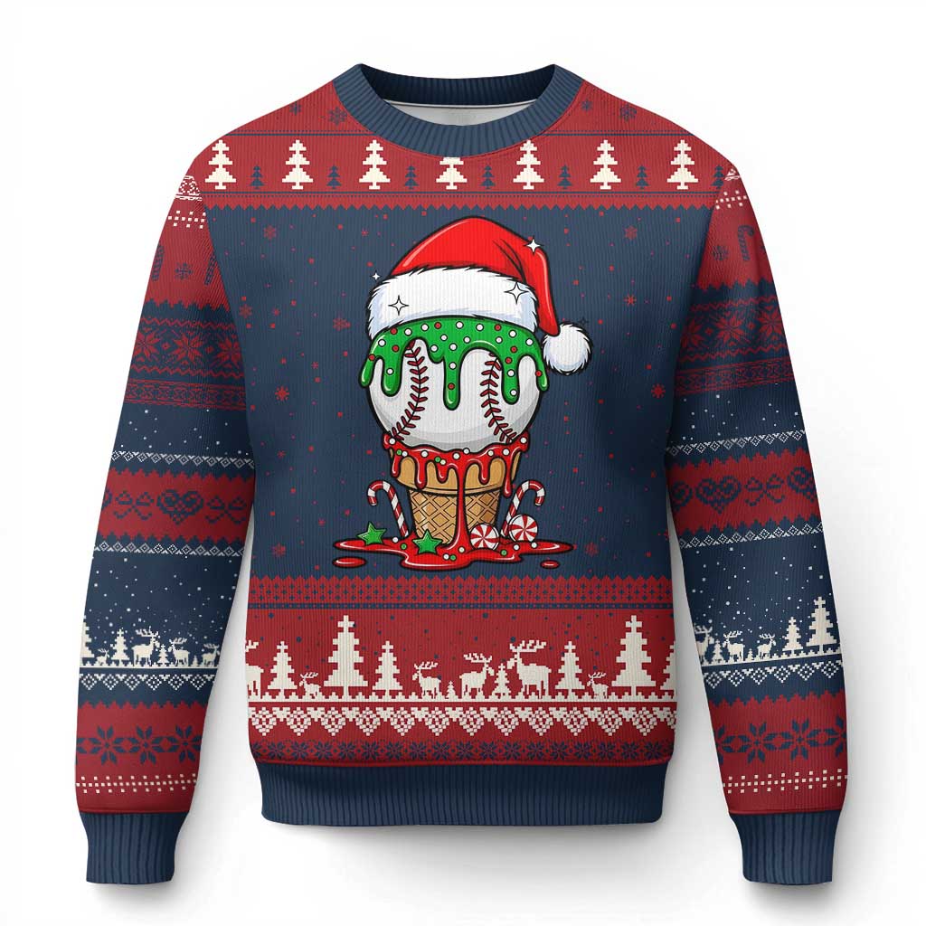 Cute Baseball Xmas Icecream Dripping Ugly Christmas Sweater Holiday Ice Cream Cone with Santa Hat TS02 Navy Red Print Your Wear