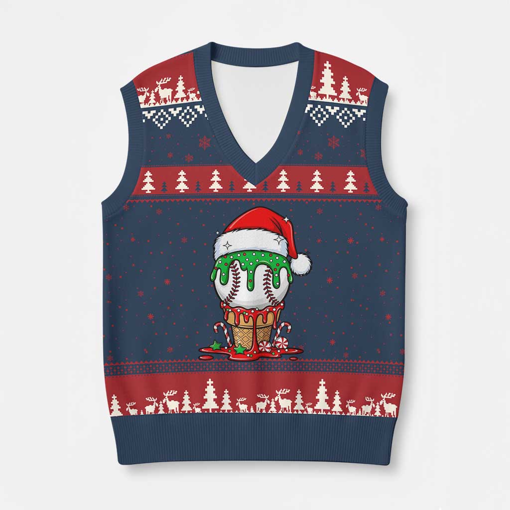 Cute Baseball Xmas Icecream Dripping V-Neck Knit Sweater Vest Holiday Ice Cream Cone with Santa Hat TS02 Navy Red Print Your Wear