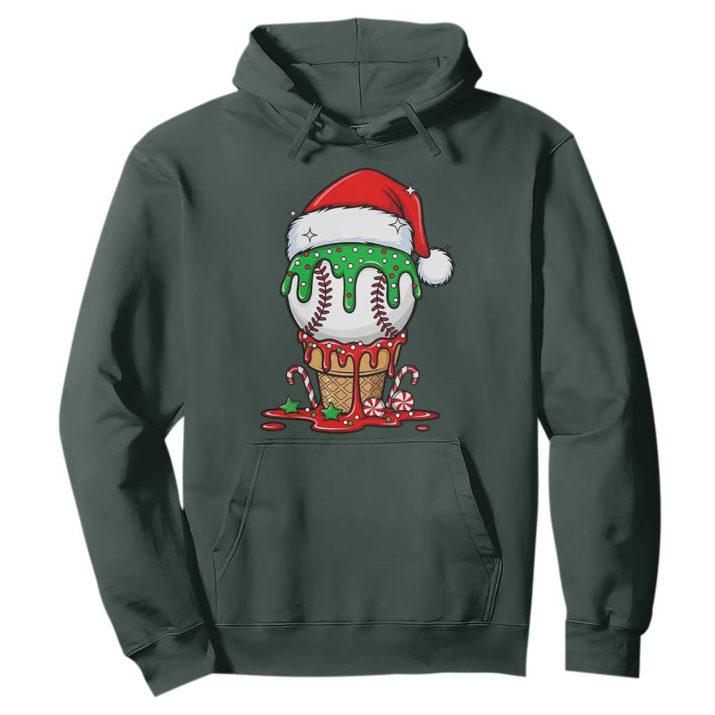Cute Baseball Christmas Icecream Dripping Hoodie Holiday Ice Cream Cone with Santa Hat TS02 Dark Forest Green Print Your Wear