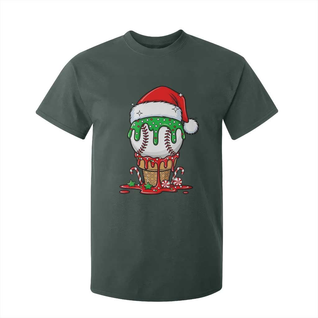 Cute Baseball Christmas Icecream Dripping T Shirt For Kid Holiday Ice Cream Cone with Santa Hat TS02 Dark Forest Green Print Your Wear