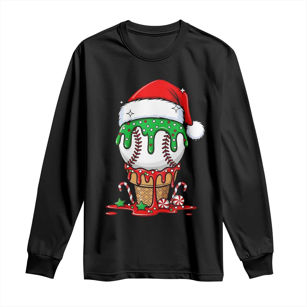 Cute Baseball Christmas Icecream Dripping Long Sleeve Shirt Holiday Ice Cream Cone with Santa Hat TS02 Black Print Your Wear
