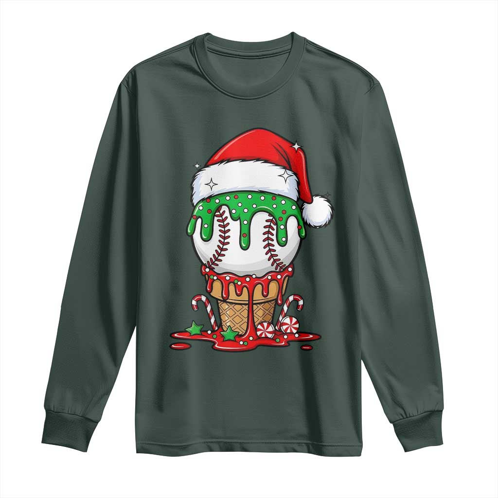 Cute Baseball Christmas Icecream Dripping Long Sleeve Shirt Holiday Ice Cream Cone with Santa Hat TS02 Dark Forest Green Print Your Wear