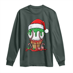 Cute Baseball Christmas Icecream Dripping Long Sleeve Shirt Holiday Ice Cream Cone with Santa Hat TS02 Dark Forest Green Print Your Wear