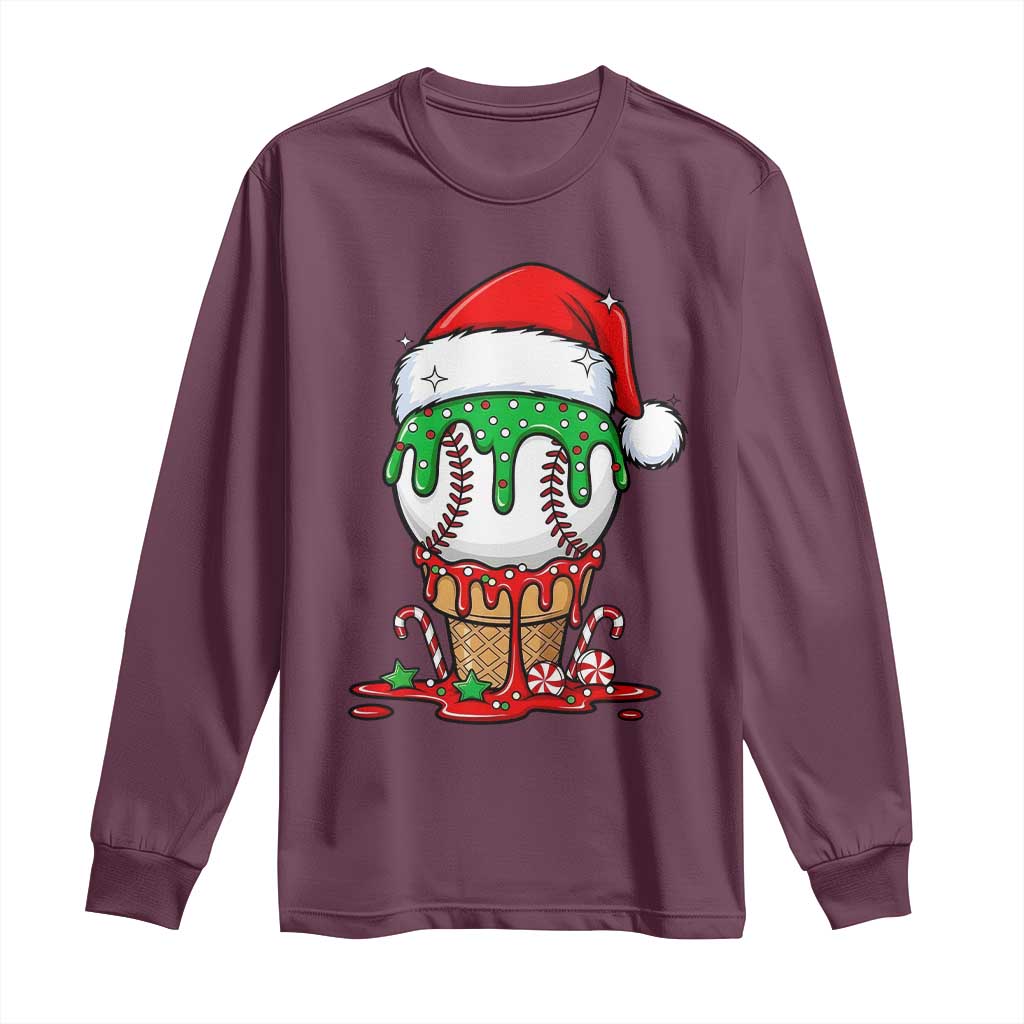 Cute Baseball Christmas Icecream Dripping Long Sleeve Shirt Holiday Ice Cream Cone with Santa Hat TS02 Maroon Print Your Wear