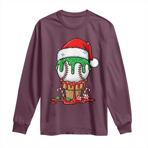 Cute Baseball Christmas Icecream Dripping Long Sleeve Shirt Holiday Ice Cream Cone with Santa Hat TS02 Maroon Print Your Wear