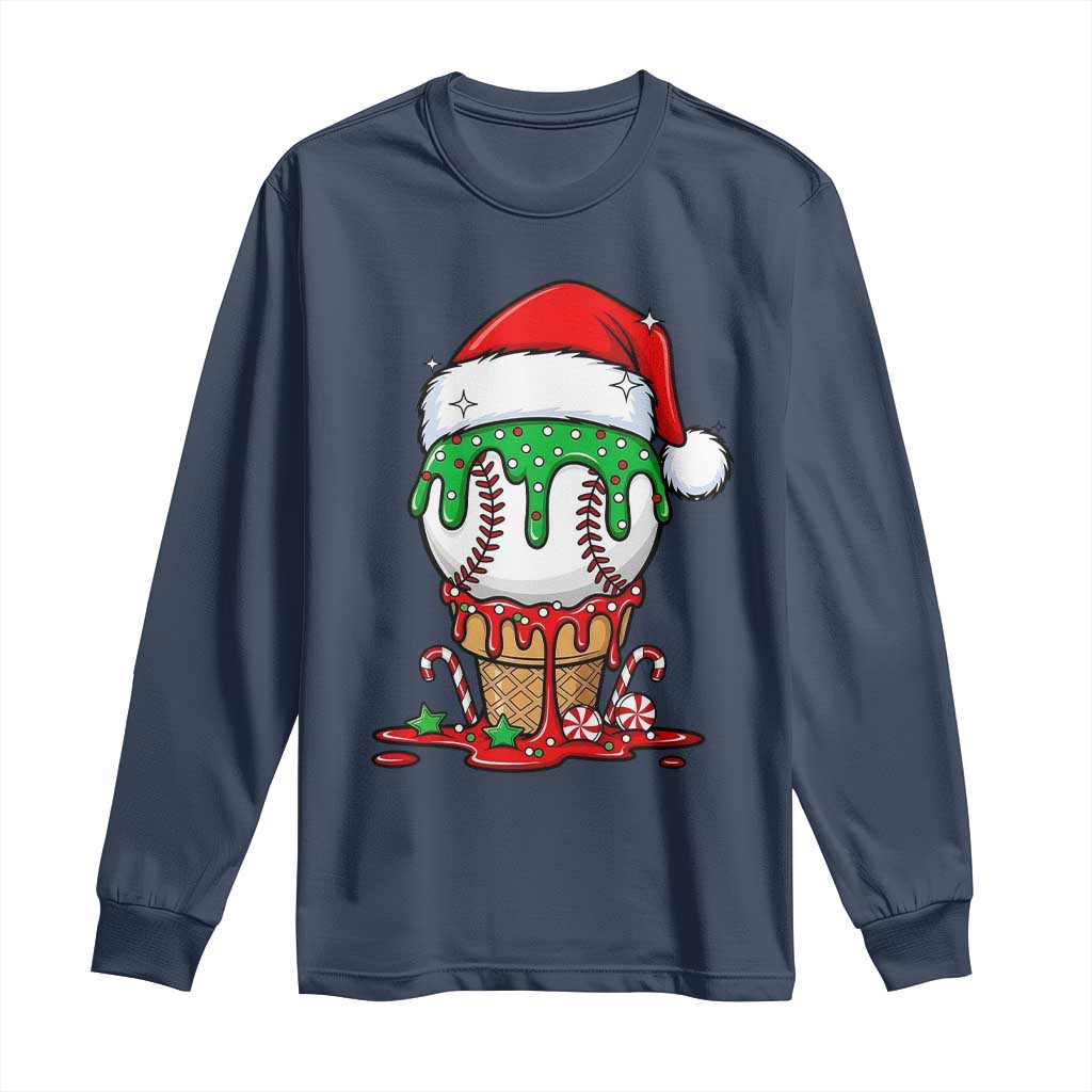 Cute Baseball Christmas Icecream Dripping Long Sleeve Shirt Holiday Ice Cream Cone with Santa Hat TS02 Navy Print Your Wear