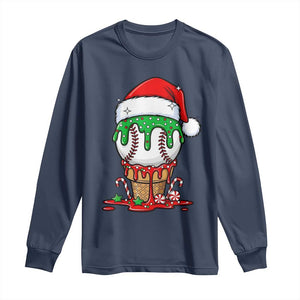 Cute Baseball Christmas Icecream Dripping Long Sleeve Shirt Holiday Ice Cream Cone with Santa Hat TS02 Navy Print Your Wear