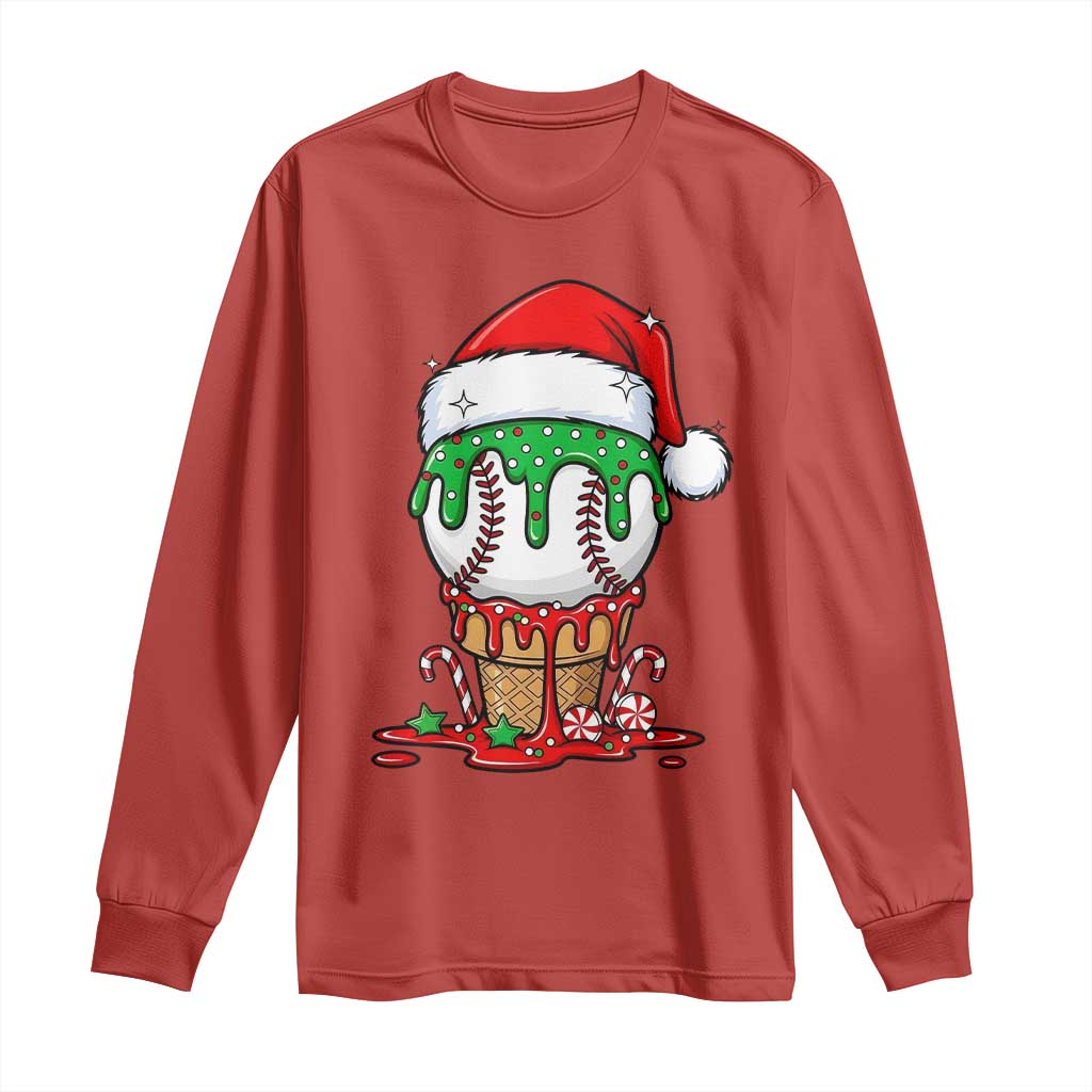 Cute Baseball Christmas Icecream Dripping Long Sleeve Shirt Holiday Ice Cream Cone with Santa Hat TS02 Red Print Your Wear