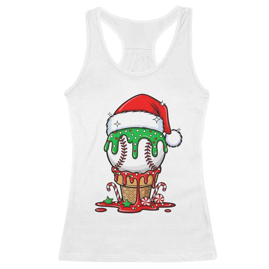Cute Baseball Christmas Icecream Dripping Racerback Tank Top Holiday Ice Cream Cone with Santa Hat TS02 White Print Your Wear
