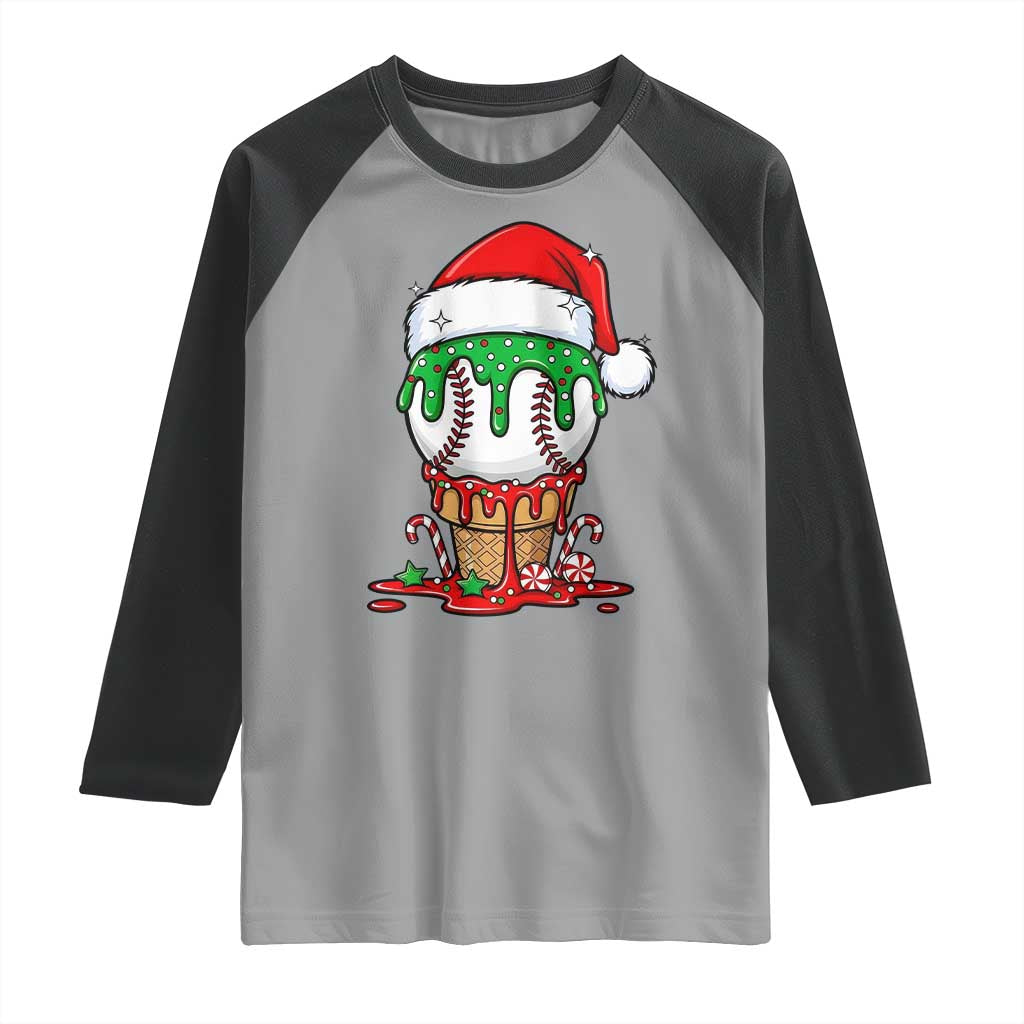 Cute Baseball Christmas Icecream Dripping Raglan Shirt Holiday Ice Cream Cone with Santa Hat TS02 Sport Gray Black Print Your Wear