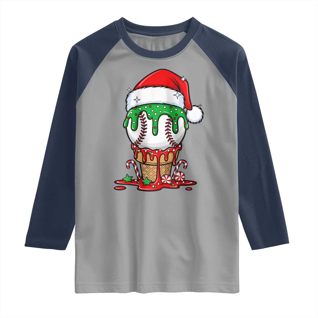 Cute Baseball Christmas Icecream Dripping Raglan Shirt Holiday Ice Cream Cone with Santa Hat TS02 Sport Gray Navy Print Your Wear