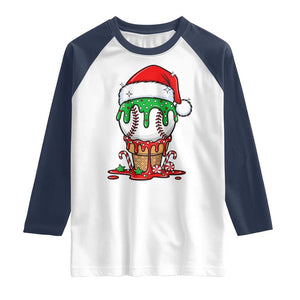 Cute Baseball Christmas Icecream Dripping Raglan Shirt Holiday Ice Cream Cone with Santa Hat TS02 White Navy Print Your Wear