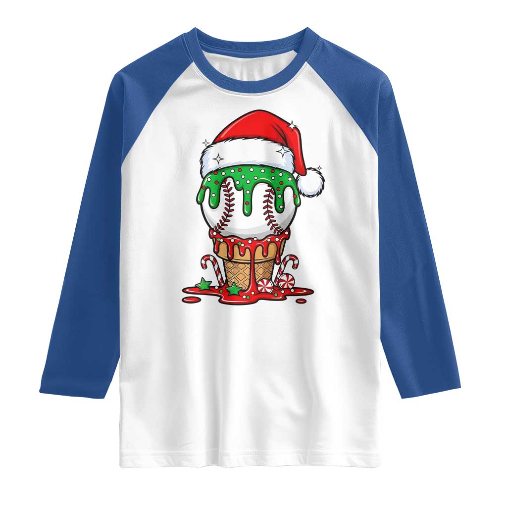 Cute Baseball Christmas Icecream Dripping Raglan Shirt Holiday Ice Cream Cone with Santa Hat TS02 White Royal Print Your Wear