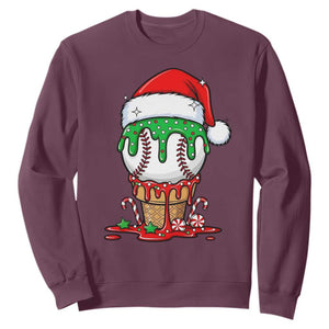 Cute Baseball Christmas Icecream Dripping Sweatshirt Holiday Ice Cream Cone with Santa Hat TS02 Maroon Print Your Wear