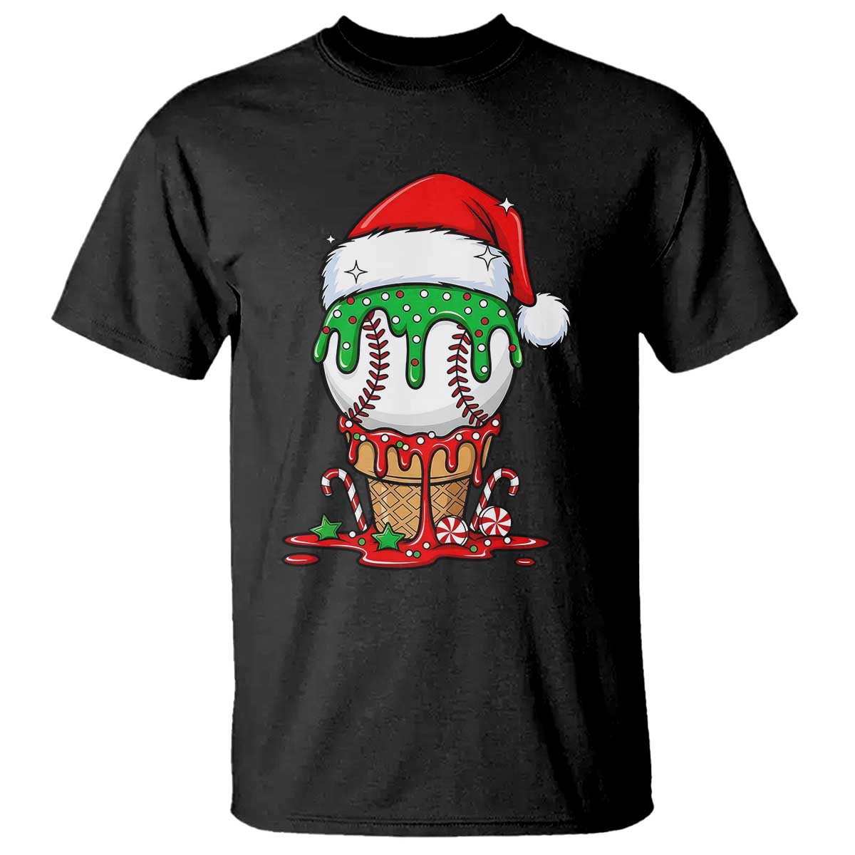 Cute Baseball Christmas Icecream Dripping T Shirt Holiday Ice Cream Cone with Santa Hat TS02 Black Print Your Wear