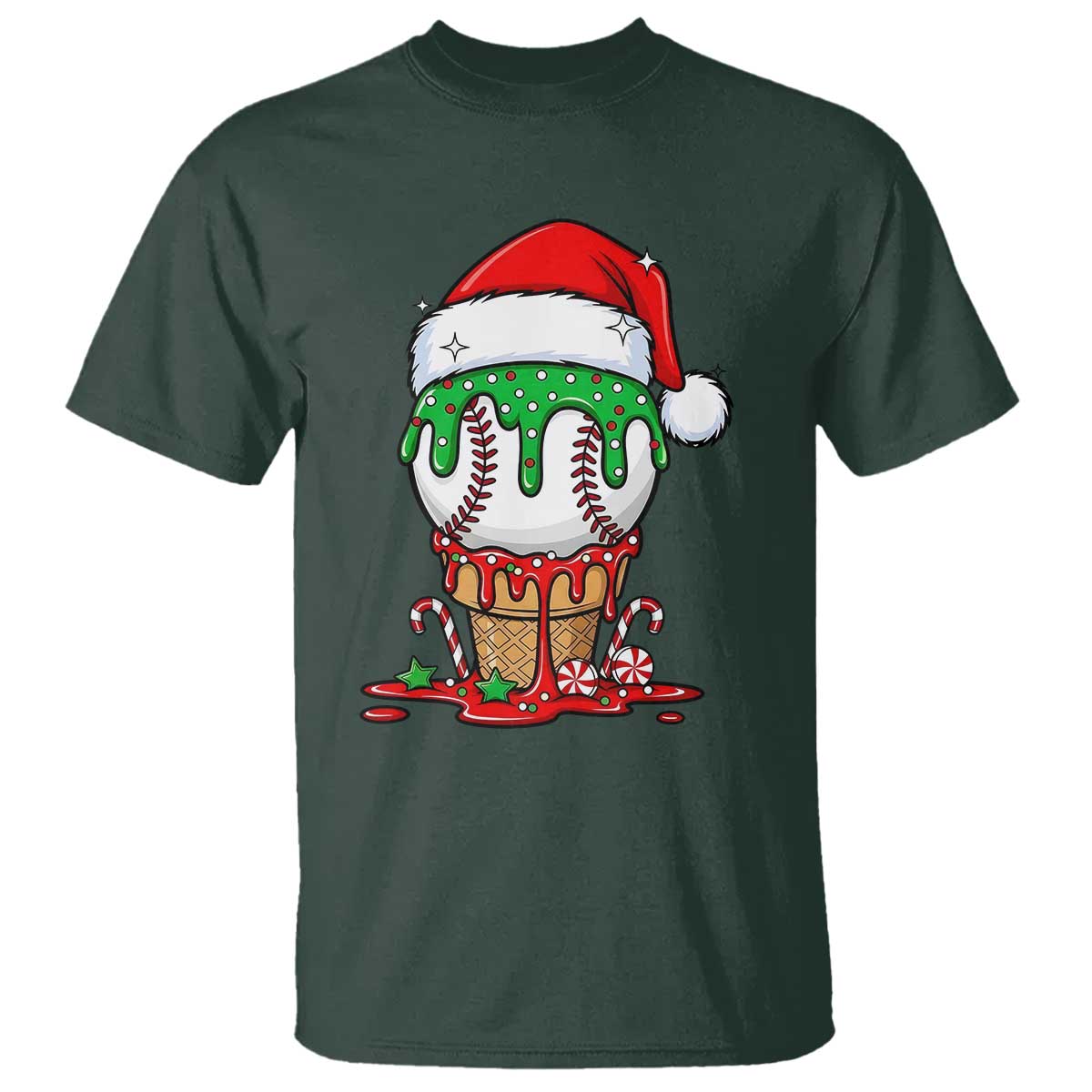 Cute Baseball Christmas Icecream Dripping T Shirt Holiday Ice Cream Cone with Santa Hat TS02 Dark Forest Green Print Your Wear