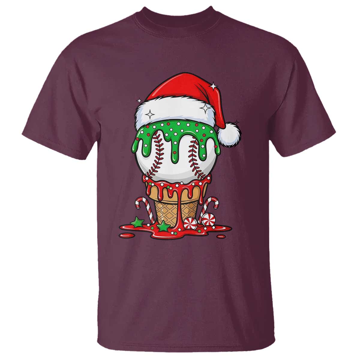 Cute Baseball Christmas Icecream Dripping T Shirt Holiday Ice Cream Cone with Santa Hat TS02 Maroon Print Your Wear