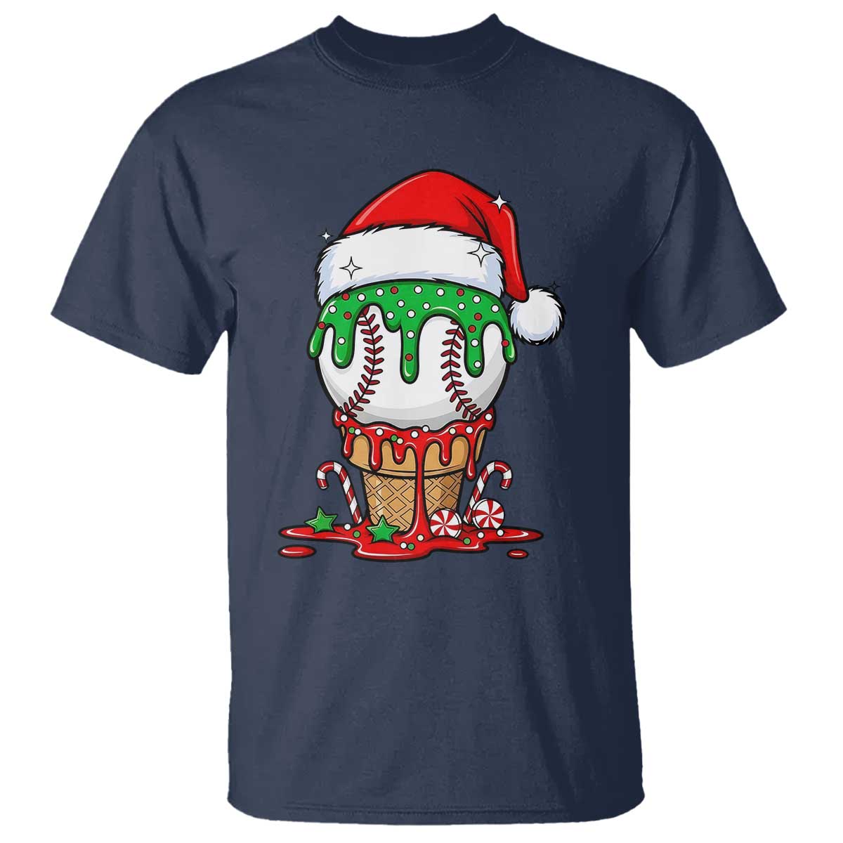 Cute Baseball Christmas Icecream Dripping T Shirt Holiday Ice Cream Cone with Santa Hat TS02 Navy Print Your Wear
