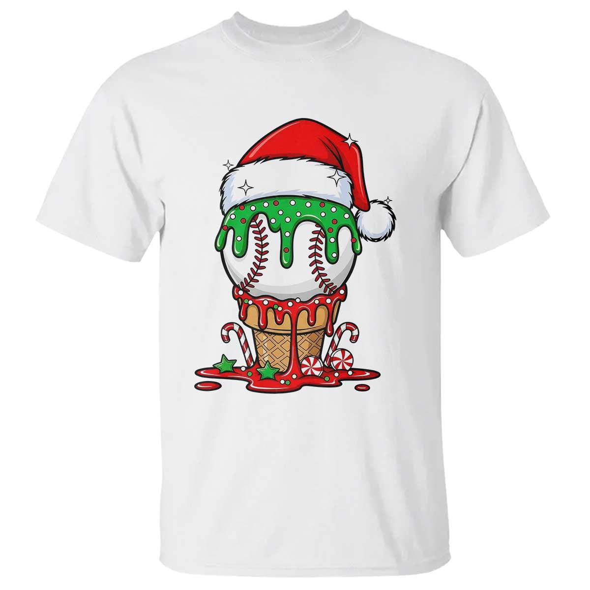 Cute Baseball Christmas Icecream Dripping T Shirt Holiday Ice Cream Cone with Santa Hat TS02 White Print Your Wear