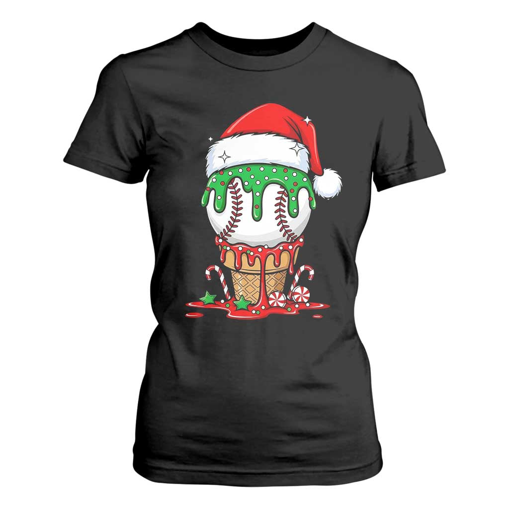 Cute Baseball Christmas Icecream Dripping T Shirt For Women Holiday Ice Cream Cone with Santa Hat TS02 Black Print Your Wear