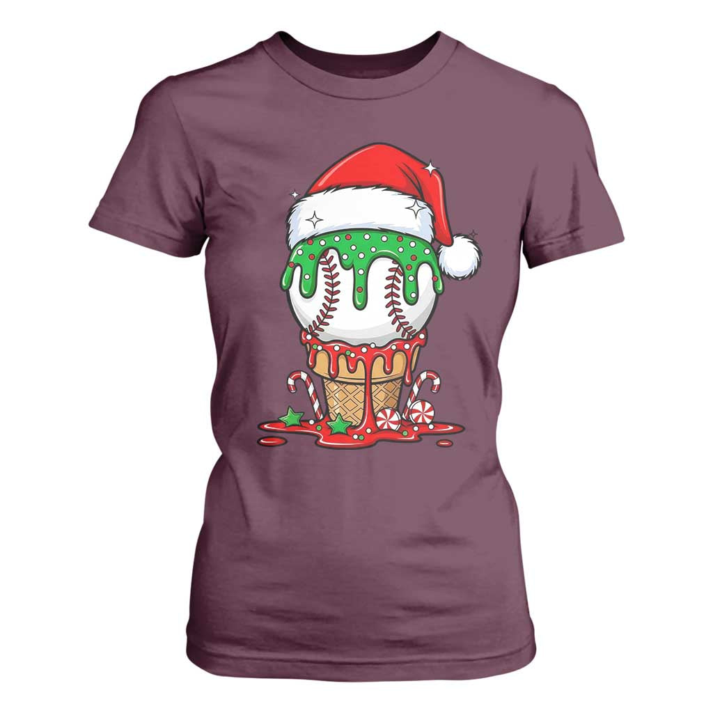Cute Baseball Christmas Icecream Dripping T Shirt For Women Holiday Ice Cream Cone with Santa Hat TS02 Maroon Print Your Wear