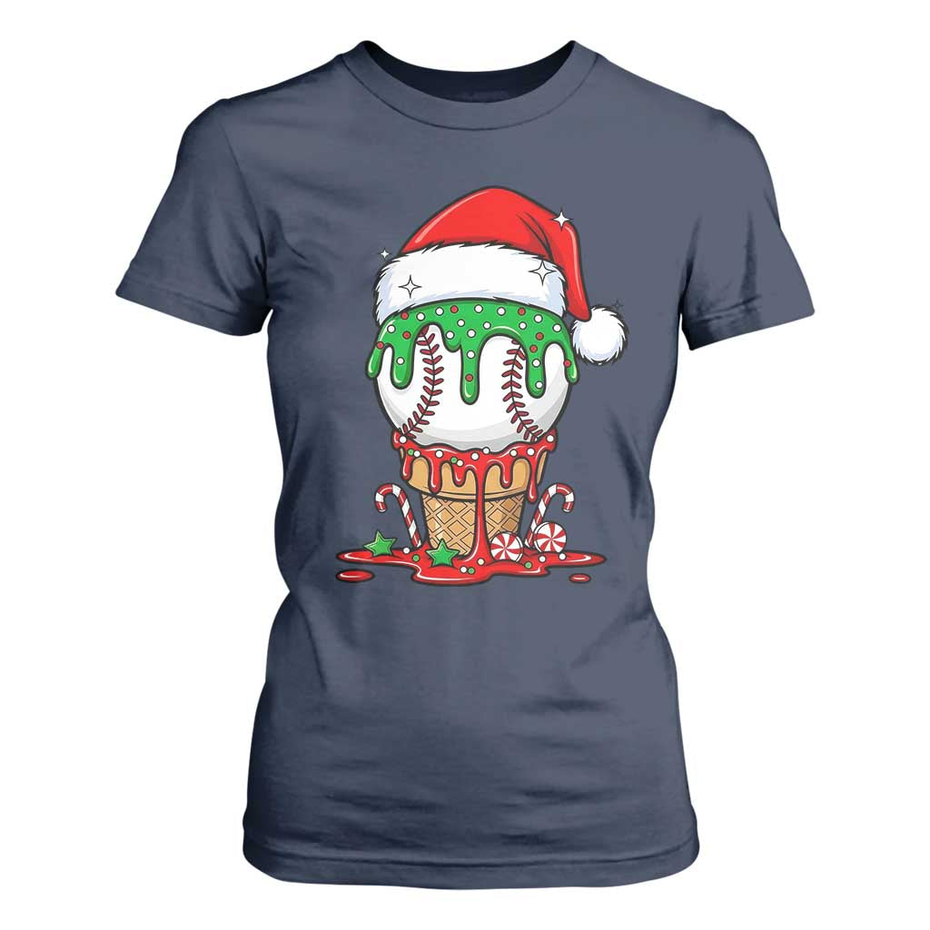 Cute Baseball Christmas Icecream Dripping T Shirt For Women Holiday Ice Cream Cone with Santa Hat TS02 Navy Print Your Wear