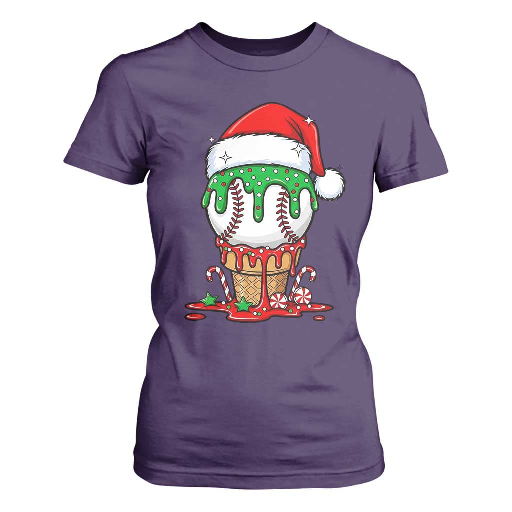Cute Baseball Christmas Icecream Dripping T Shirt For Women Holiday Ice Cream Cone with Santa Hat TS02 Purple Print Your Wear