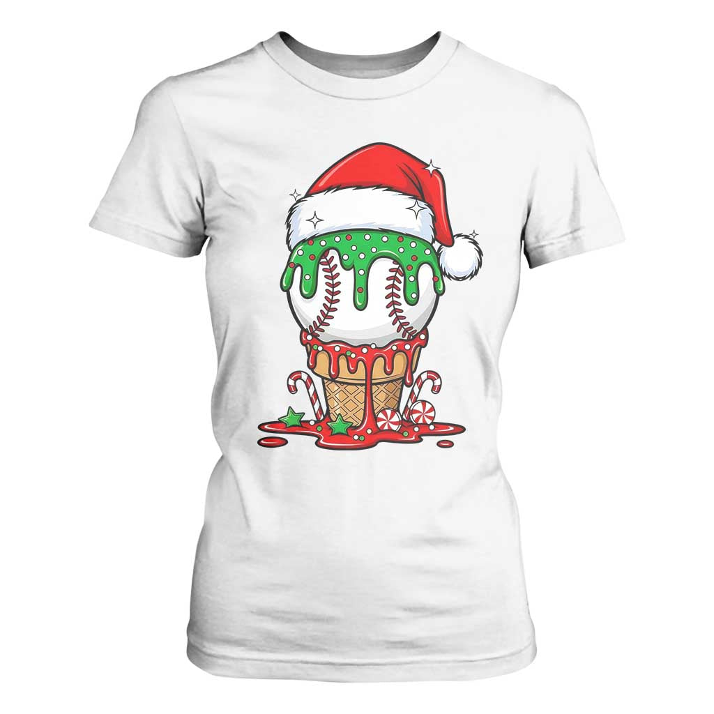 Cute Baseball Christmas Icecream Dripping T Shirt For Women Holiday Ice Cream Cone with Santa Hat TS02 White Print Your Wear