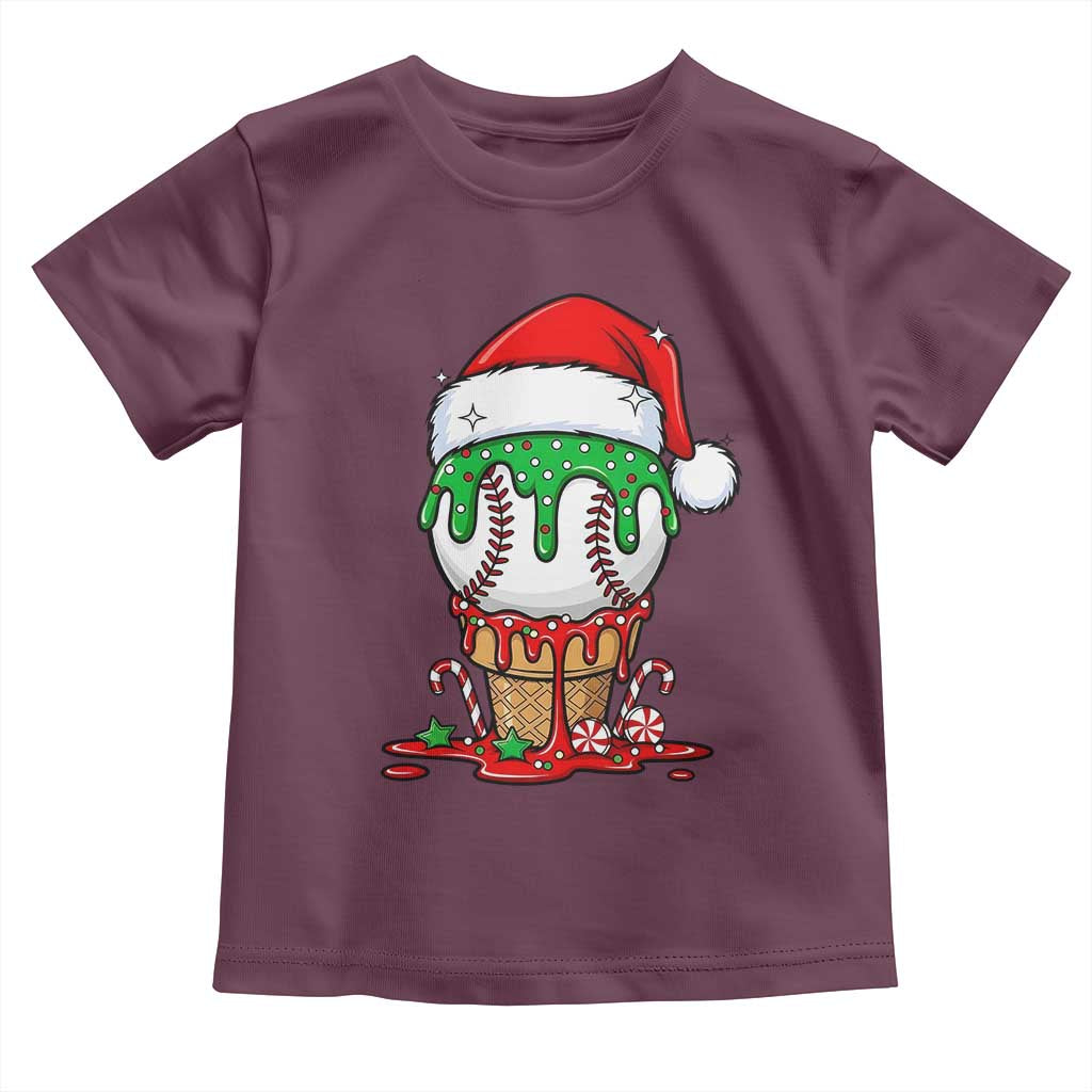 Cute Baseball Christmas Icecream Dripping Toddler T Shirt Holiday Ice Cream Cone with Santa Hat TS02 Maroon Print Your Wear