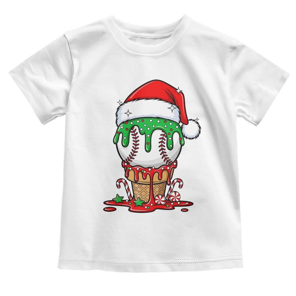 Cute Baseball Christmas Icecream Dripping Toddler T Shirt Holiday Ice Cream Cone with Santa Hat TS02 White Print Your Wear