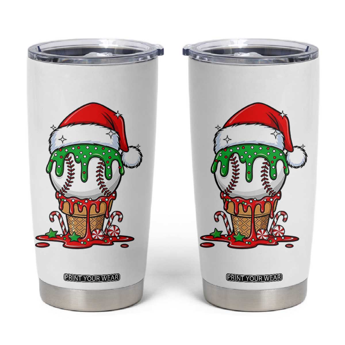 Cute Baseball Christmas Icecream Dripping Tumbler Cup Holiday Ice Cream Cone with Santa Hat TS02 White Print Your Wear