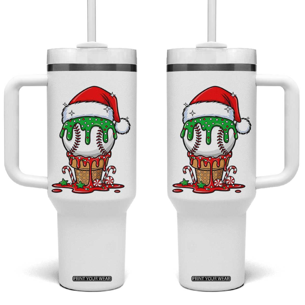 Cute Baseball Christmas Icecream Dripping Tumbler With Handle Holiday Ice Cream Cone with Santa Hat TS02 One Size: 40 oz White Print Your Wear