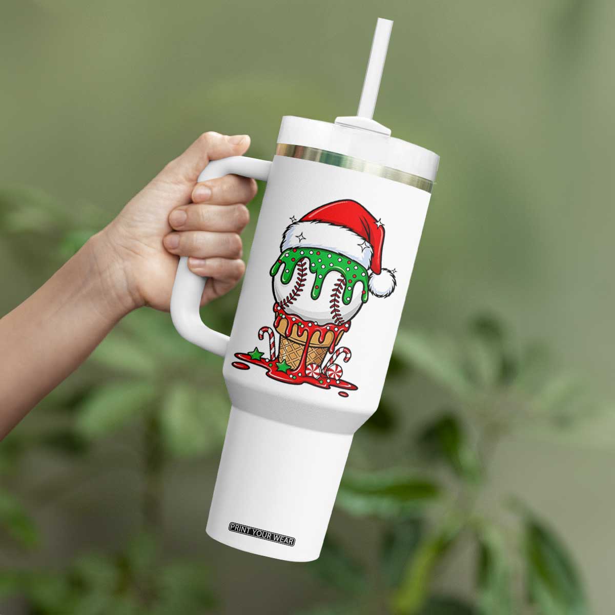 Cute Baseball Christmas Icecream Dripping Tumbler With Handle Holiday Ice Cream Cone with Santa Hat TS02 Print Your Wear