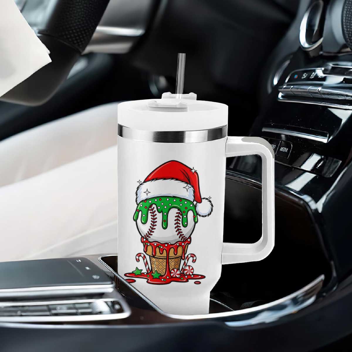 Cute Baseball Christmas Icecream Dripping Tumbler With Handle Holiday Ice Cream Cone with Santa Hat TS02 Print Your Wear