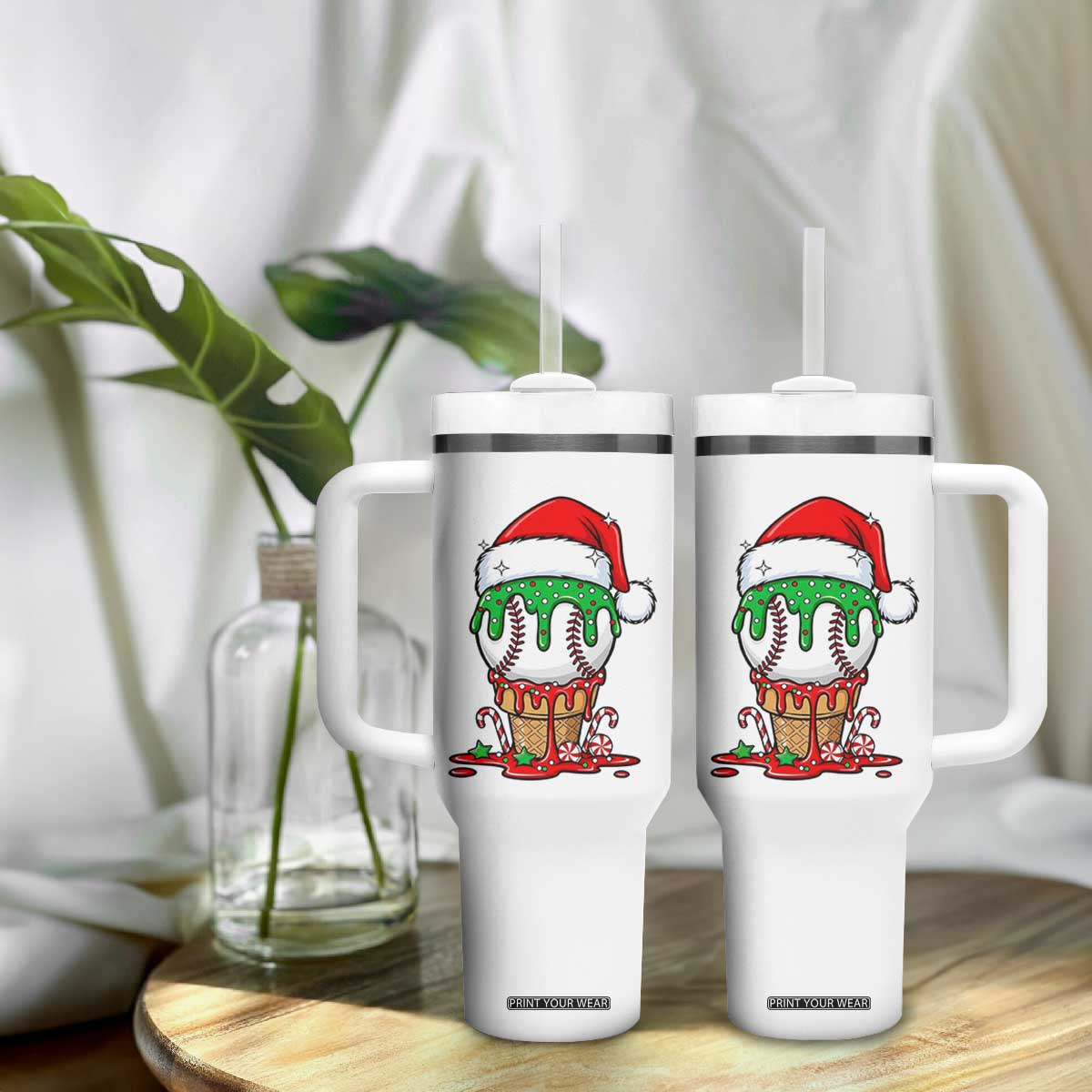 Cute Baseball Christmas Icecream Dripping Tumbler With Handle Holiday Ice Cream Cone with Santa Hat TS02 Print Your Wear