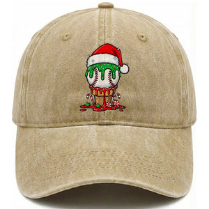 Cute Baseball Christmas Icecream Dripping Washed Cotton Baseball Cap Holiday Ice Cream Cone with Santa Hat TS02 Washed Cap Universal Fit Khaki Print Your Wear