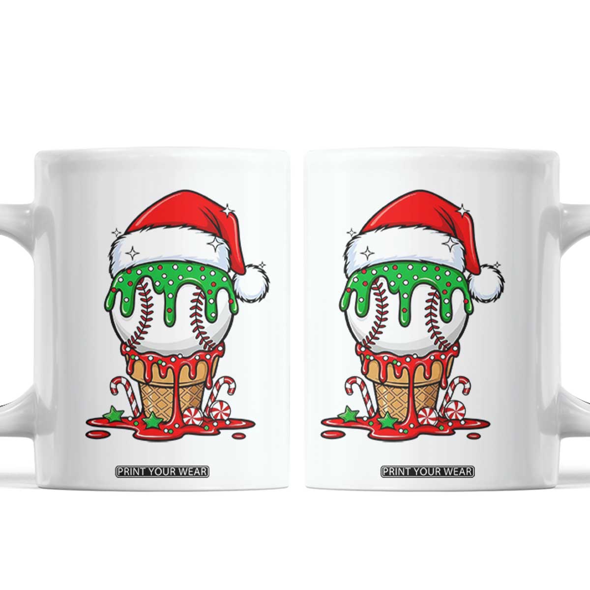 Cute Baseball Christmas Icecream Dripping Coffee Mug Holiday Ice Cream Cone with Santa Hat TS02 White Print Your Wear