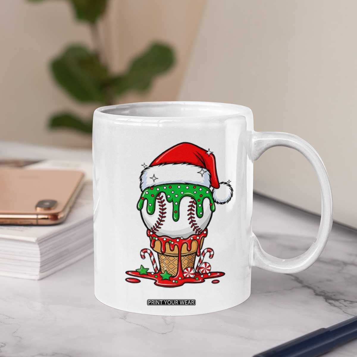 Cute Baseball Christmas Icecream Dripping Coffee Mug Holiday Ice Cream Cone with Santa Hat TS02 Print Your Wear