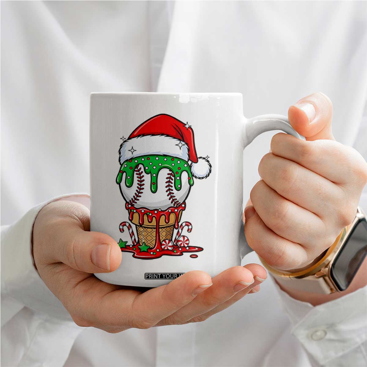 Cute Baseball Christmas Icecream Dripping Coffee Mug Holiday Ice Cream Cone with Santa Hat TS02 Print Your Wear