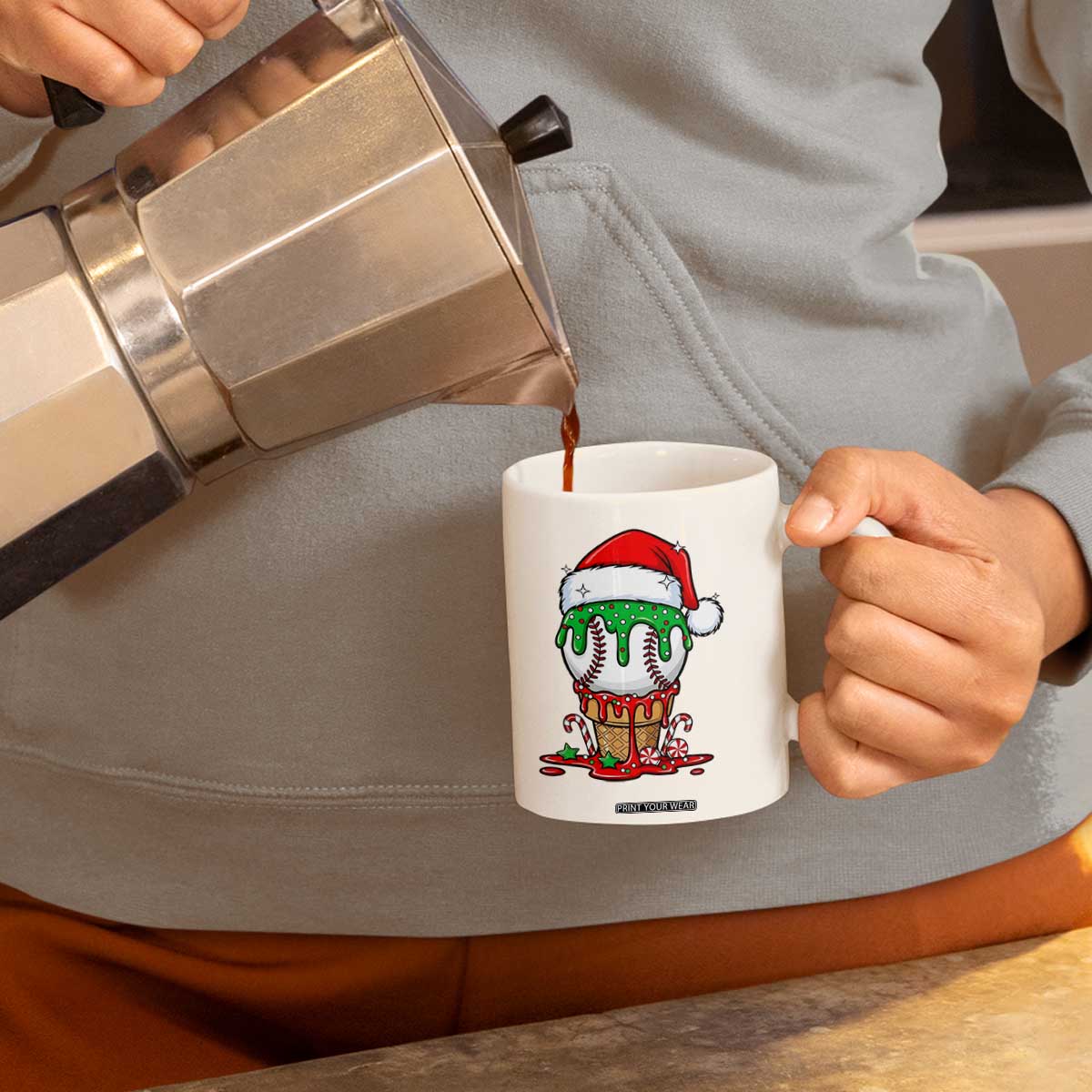 Cute Baseball Christmas Icecream Dripping Coffee Mug Holiday Ice Cream Cone with Santa Hat TS02 Print Your Wear