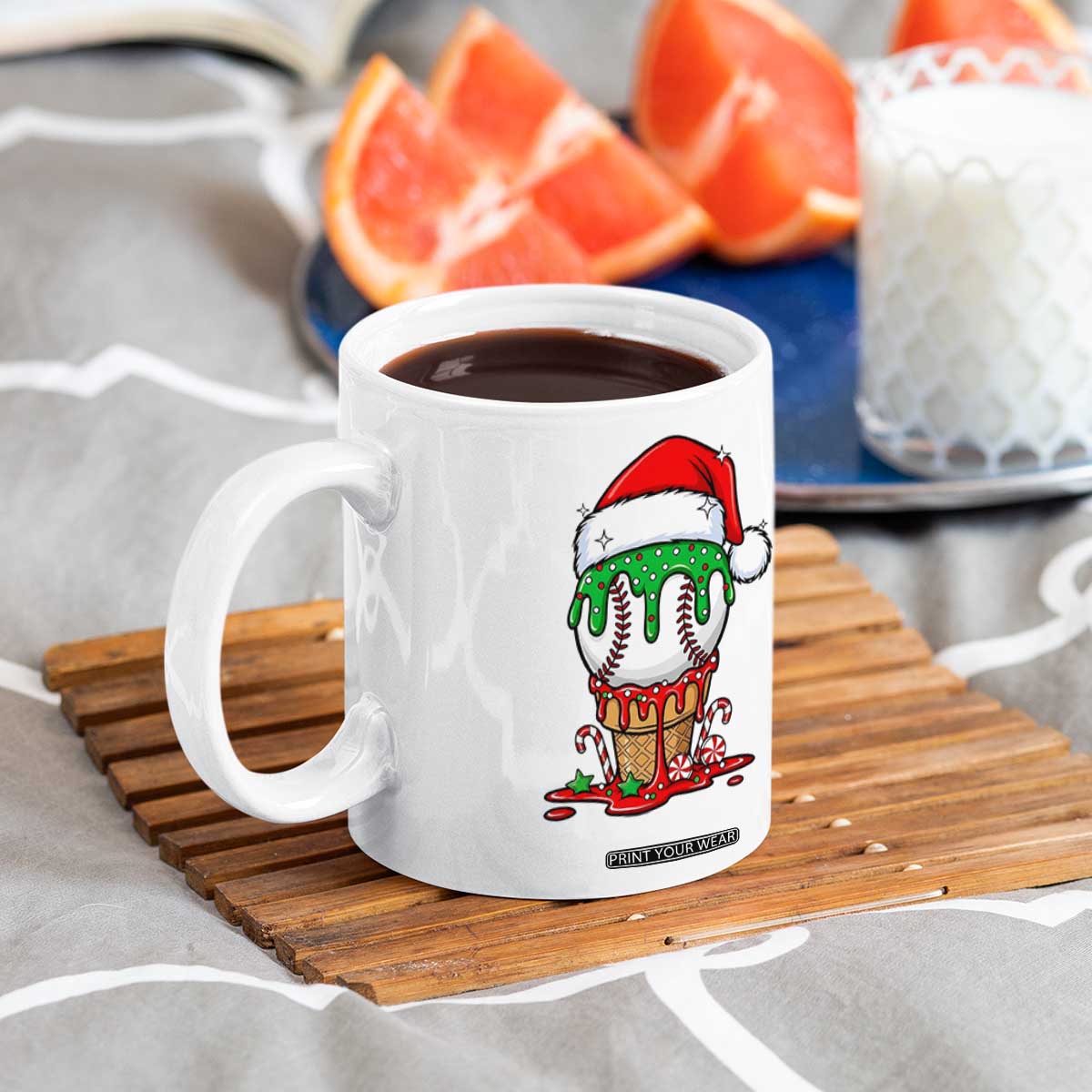 Cute Baseball Christmas Icecream Dripping Coffee Mug Holiday Ice Cream Cone with Santa Hat TS02 Print Your Wear