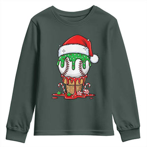 Cute Baseball Christmas Icecream Dripping Youth Sweatshirt Holiday Ice Cream Cone with Santa Hat TS02 Dark Forest Green Print Your Wear