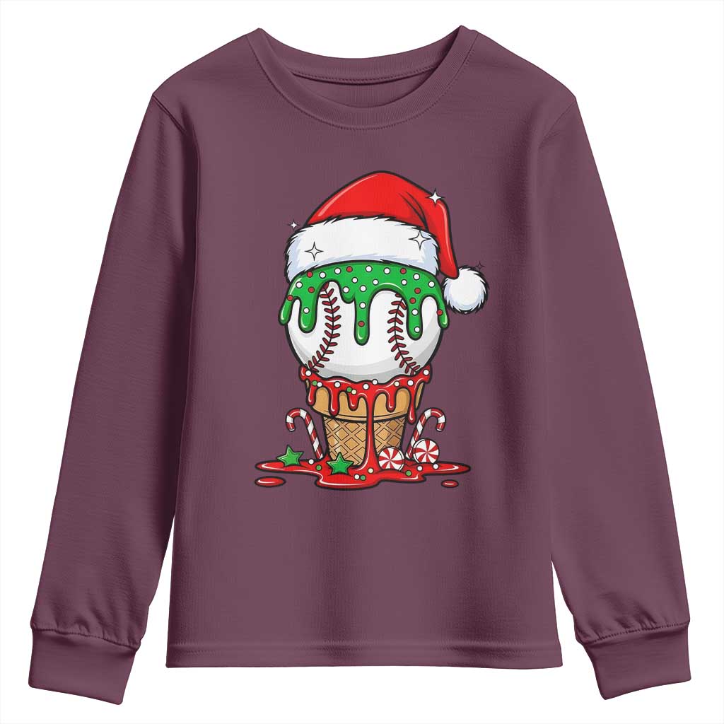 Cute Baseball Christmas Icecream Dripping Youth Sweatshirt Holiday Ice Cream Cone with Santa Hat TS02 Maroon Print Your Wear