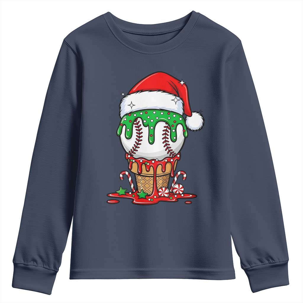 Cute Baseball Christmas Icecream Dripping Youth Sweatshirt Holiday Ice Cream Cone with Santa Hat TS02 Navy Print Your Wear