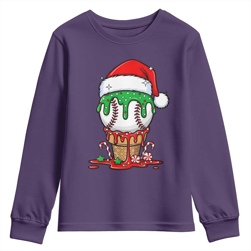 Cute Baseball Christmas Icecream Dripping Youth Sweatshirt Holiday Ice Cream Cone with Santa Hat TS02 Purple Print Your Wear